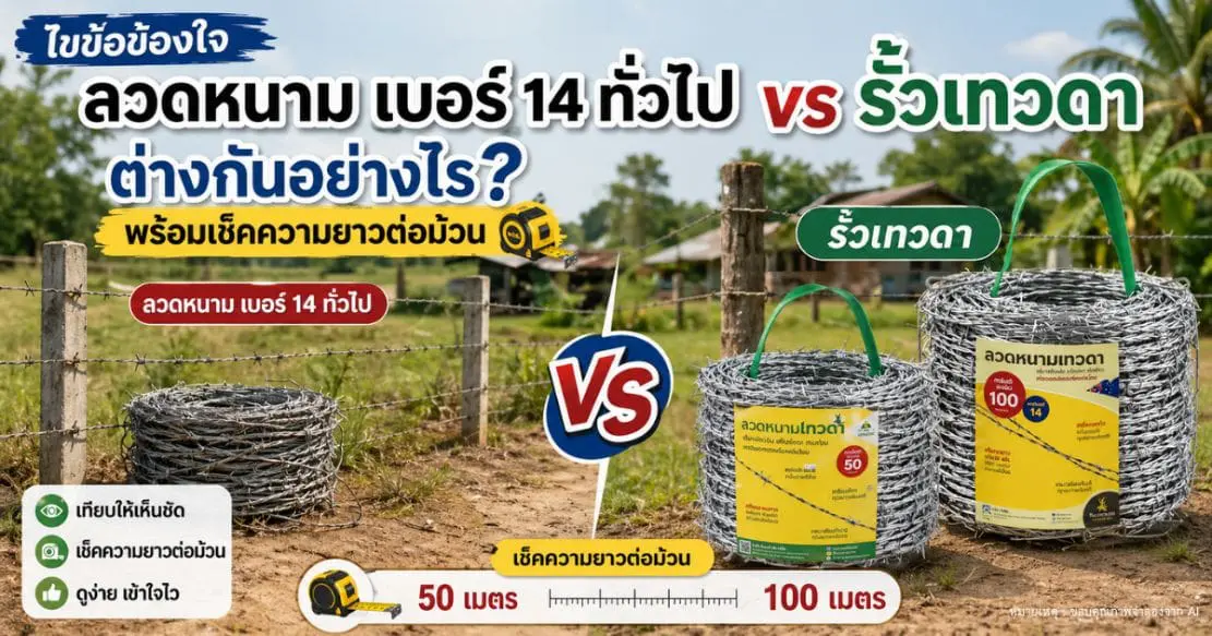 Read more about the article ไขข้อข้องใจ ลวดหนาม เบอร์ 14 ทั่วไป vs รั้วเทวดา ต่างกันอย่างไร? พร้อมเช็คความยาวต่อม้วน (เริ่มต้น 350 บาท)