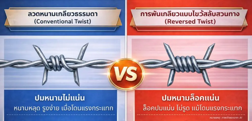 เปรียบเทียบ การพันเกลียวลวดหนามระหว่างเกลียวธรรมดา กับเกลียวไขว้สลับสวนทาง