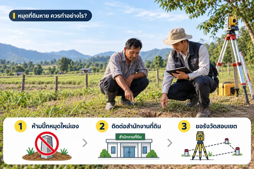 ช่างรังวัดตรวจจุดที่คาดว่าหลักเขตที่ดินสูญหายในพื้นที่เกษตร