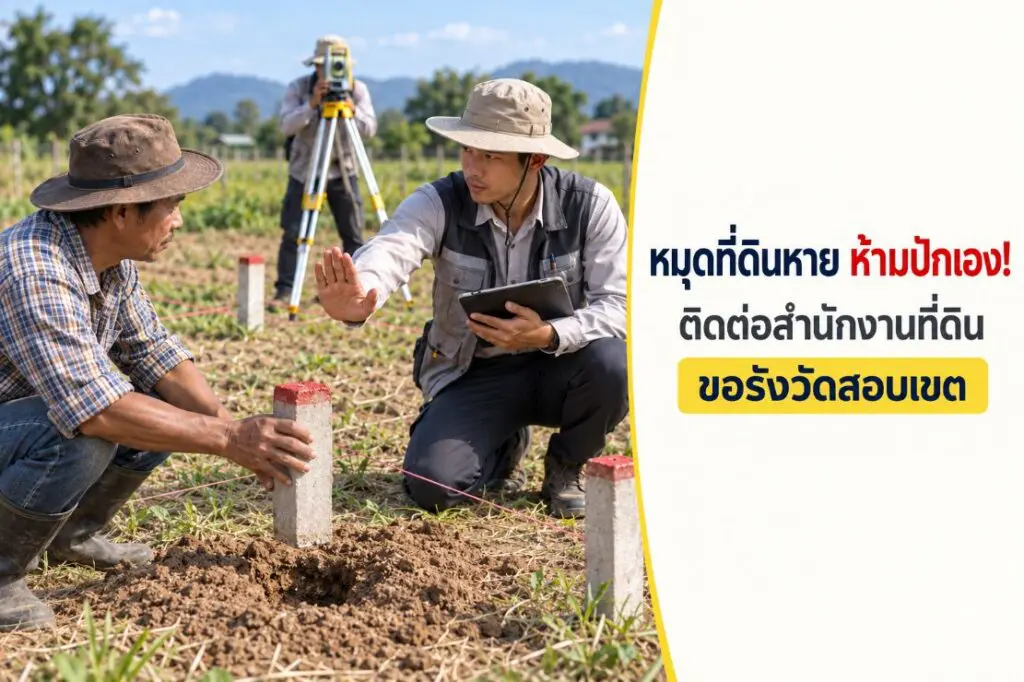 เจ้าของที่ดินตรวจบริเวณหมุดที่ดินหายร่วมกับช่างรังวัดก่อนทำรั้ว