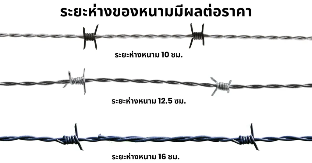 ภาพเปรียบเทียบลวดหนามสามแบบที่มีระยะห่างของหนามต่างกัน ได้แก่ 10 ซม., 12.5 ซม. และ 16 ซม.