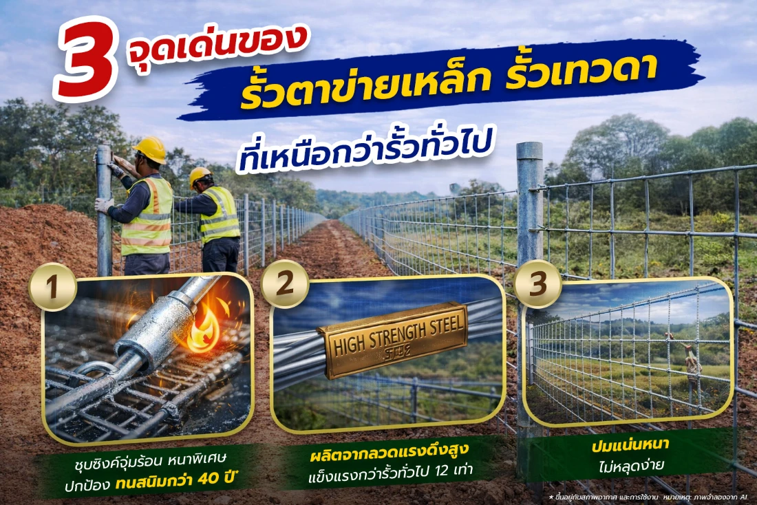 3 จุดเด่นของรั้วตาข่ายเหล็กรั้วเทวดา ติดตั้งในพื้นที่เกษตร โดยมีจุดเด่นคือ 1) ชุบซิงค์คุ้มร้อนหนาพิเศษ ป้องกันสนิมนานกว่า 40 ปี 2) ผลิตจากลวดแรงดึงสูง แข็งแรงกว่ารั้วทั่วไป 12 เท่า 3) ปมแน่นหนา ไม่หลุดง่าย พร้อมภาพตัวอย่างการติดตั้งรั้วในพื้นที่จริง
