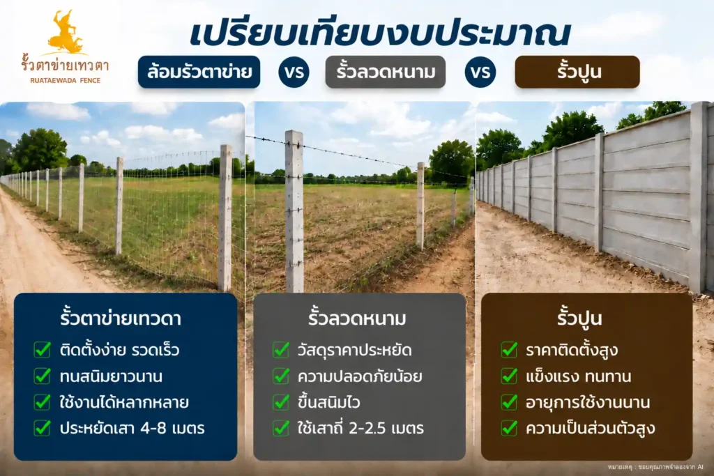 เปรียบเทียบงบประมาณ_ ล้อมรั้วตาข่าย vs รั้วลวดหนาม vs รั้วปูน